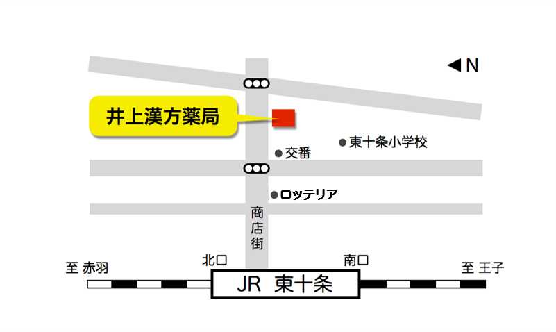 井上漢方薬局　JR京浜東北線東十条駅からの地図